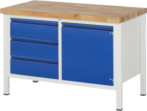 RAU In hoogte verstelbare werkbank Serie 8000 met beukenhouten blad, 3 laden, 1 kast, 1 legbord, RAL7035 lichtgrijs/RAL5010 gentiaanblauw