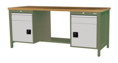 Bedrunka + Hirth Werkbank met blad van massief beuken en frame in vele kleuren, 2 laden, 2 kasten, 1/2 legbord