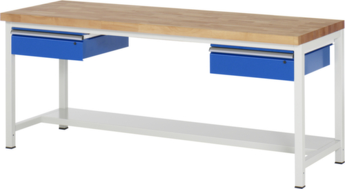 RAU In hoogte verstelbare werkbank Serie 8000, 2 laden, 1/2 legbord, RAL7035 lichtgrijs/RAL5010 gentiaanblauw