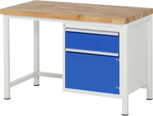 RAU In hoogte verstelbare werkbank Serie 8000, 1 lade, 1 kast, RAL7035 lichtgrijs/RAL5010 gentiaanblauw