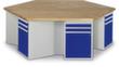 RAU Groepswerkbank Serie 4000, per blok 2 laden, 1 kast, RAL7035 lichtgrijs/RAL5010 gentiaanblauw