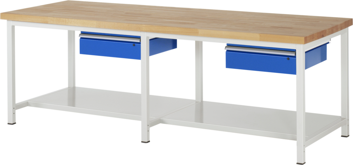 RAU In hoogte verstelbare werkbank Serie 8000, 2 laden, 1 legbord, RAL7035 lichtgrijs/RAL5010 gentiaanblauw