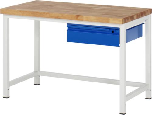 RAU In hoogte verstelbare werkbank Serie 8000 met beukenhouten blad, 1 lade, RAL7035 lichtgrijs/RAL5010 gentiaanblauw