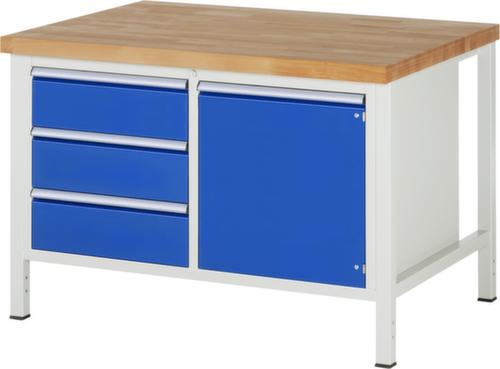 RAU In hoogte verstelbare werkbank Serie 8000, 3 laden, 1 kast, RAL7035 lichtgrijs/RAL5010 gentiaanblauw